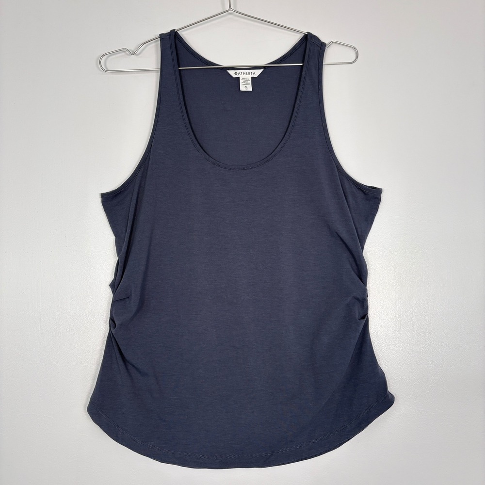 Athleta Women Tank Top XL Gray Ruched Sides Scoop Neck Stretch Knit Athleisure